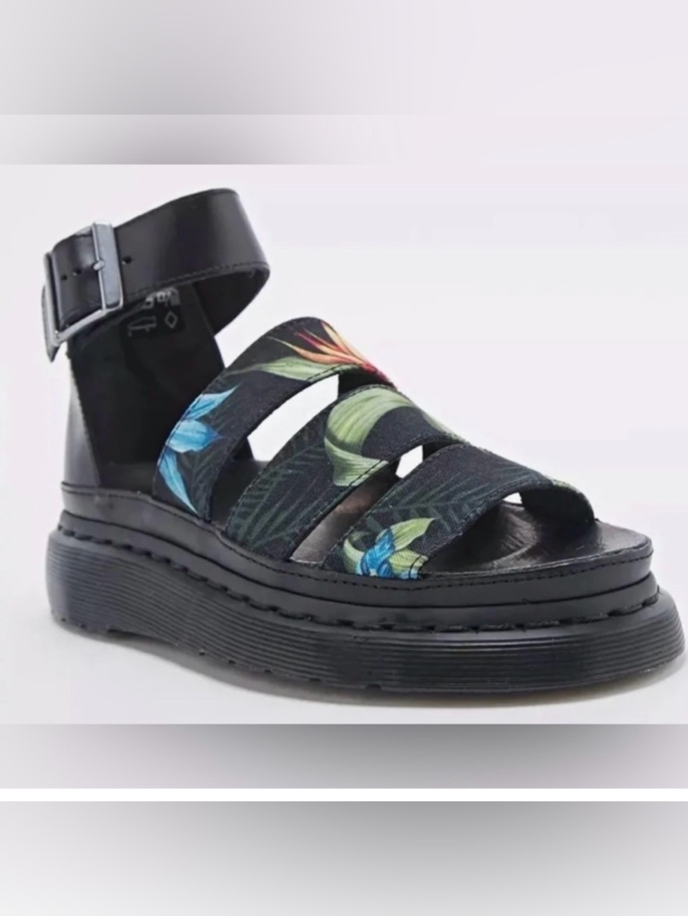 DR MARTENS Clarissa black floral platform sandals Tropical Hawaiian Leather Sz 7